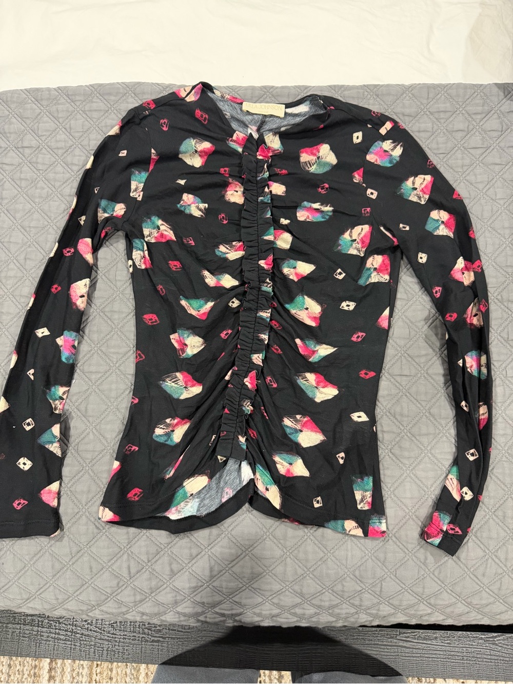 Ulla Johnson Women’s Black Floral Ruched Front Long Sleeve Top XS